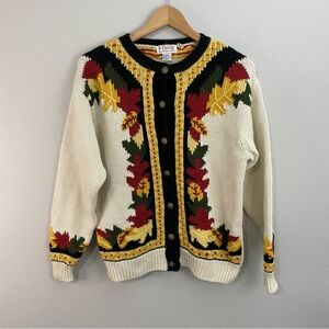 Orvis Vintage Autumn Fall Leaf Cardigan Sweater Gold Buttons Woman’s Size Medium